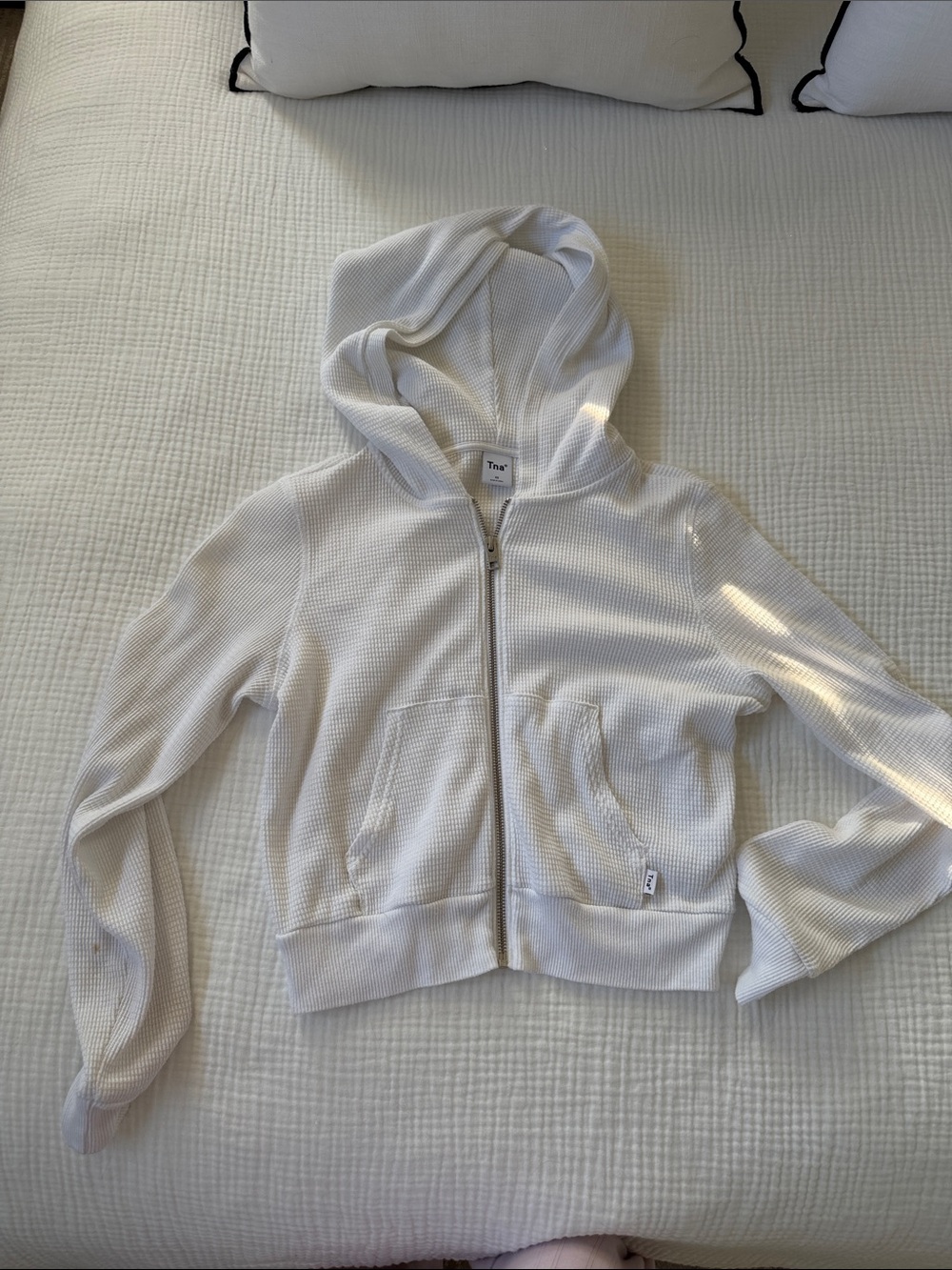 TNA  White Waffle-Knit Hoodie Zip-Up